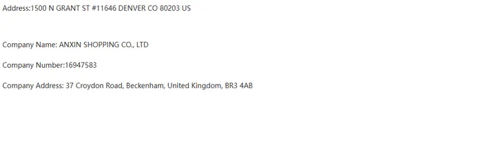 Company block of the official contact page listing the Denver address and the UK company number