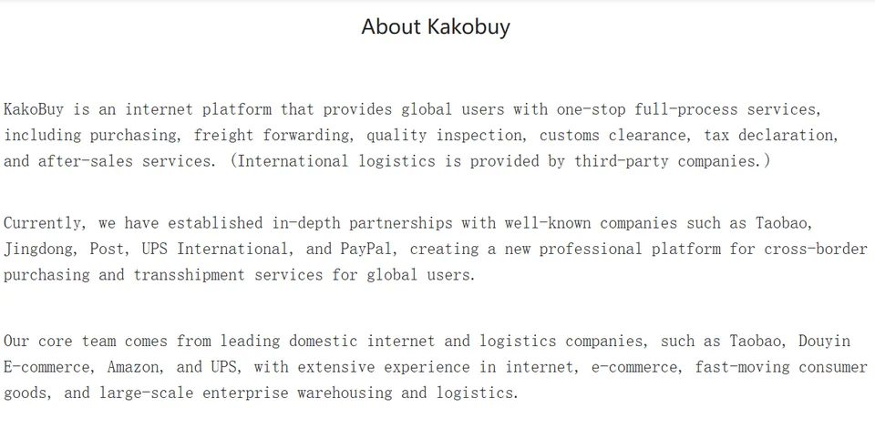 The About Kakobuy page describing the platform's services in serif text