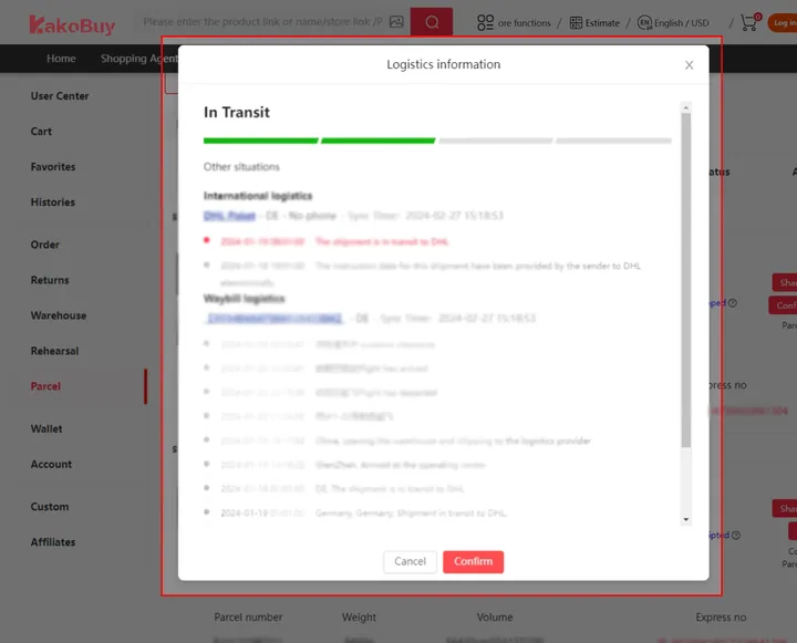 Official logistics tracking modal with international events including customs clearance and flight departure