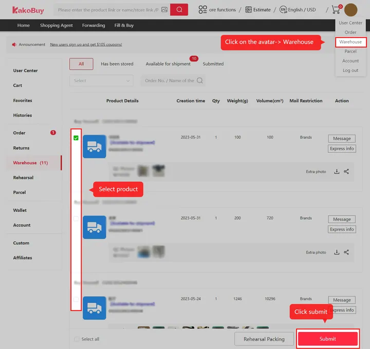 Official warehouse screen with stored items, weights in grams and QC picture links