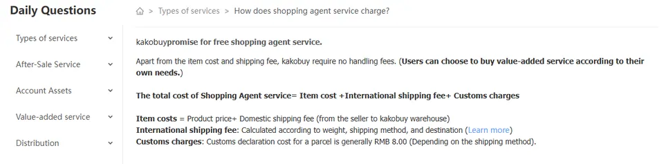 Help centre article explaining the shopping agent total cost formula including the RMB 8.00 customs charge