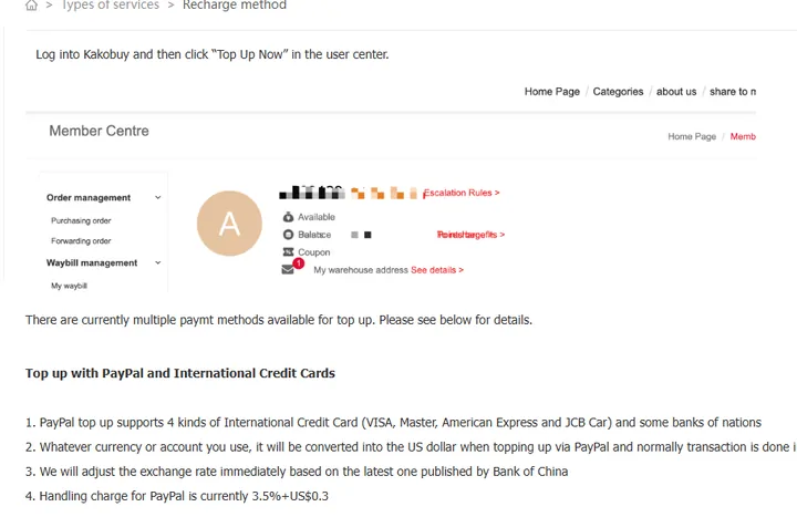 Help centre recharge article stating the PayPal handling charge of 3.5 percent plus 0.3 dollars