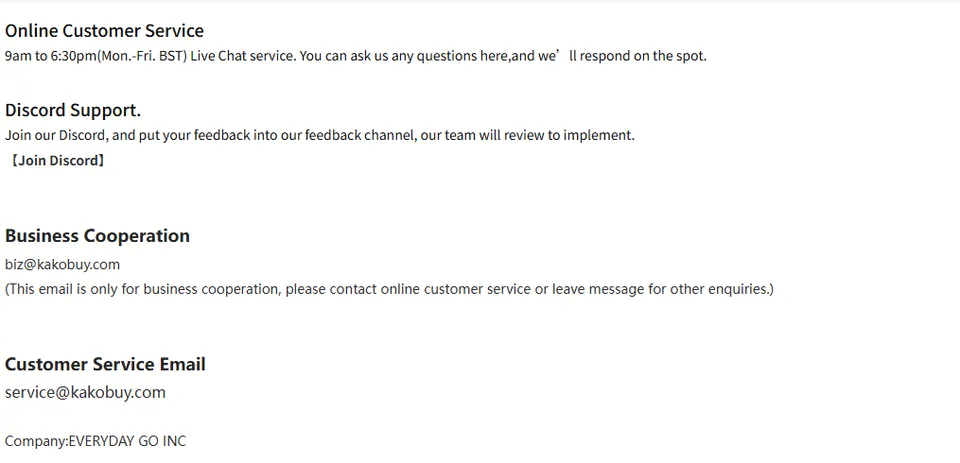 Official contact page stating live chat hours of 9am to 6:30pm Monday to Friday BST, Discord support and service email