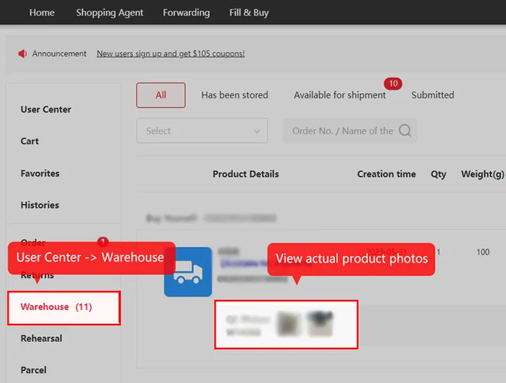User centre screenshot with the Warehouse menu and QC picture thumbnails boxed in red