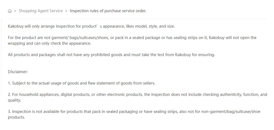 Help centre article titled Inspection rules of purchase service order with the scope paragraph visible