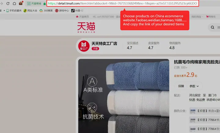 Official tutorial screenshot: a Tmall product page with the browser URL bar boxed in red