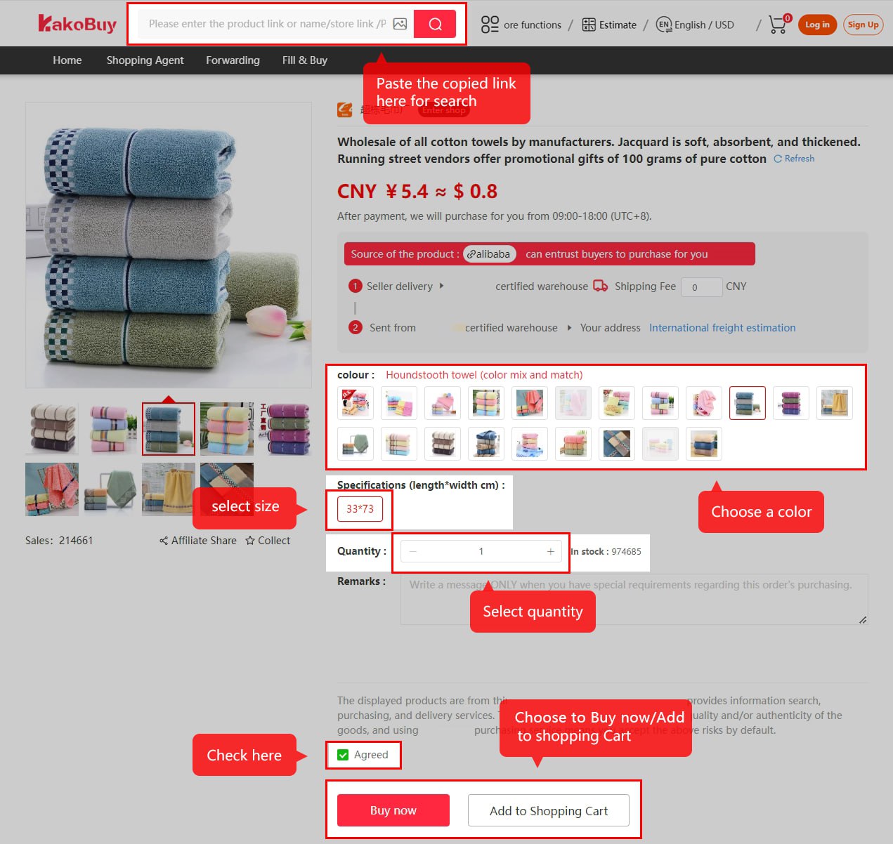 Choose colour, size, quantity and purchase agreement on the product page